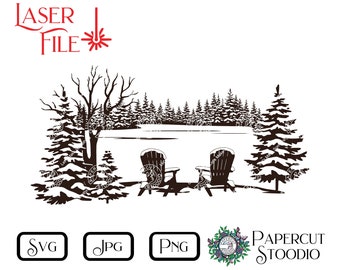 Winter Lake Laser Engrave File: Adirondack Chairs, Wood Sign SVG PNG JPG (Digital Download)