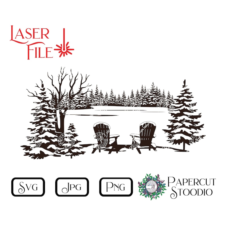 May include: A black and white silhouette of two chairs facing a snowy lake with a forest of pine trees in the background.