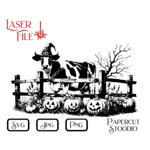 Fichier de gravure laser, vache Halloween Svg, téléchargement numérique ferme et ferme décor signes planche à découper LightBurn GlowForge personnaliser cadeau