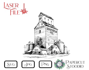 May include: Black and white line art illustration of a grain elevator with the text "Saskatchewan Pool" on the side.