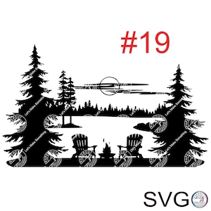 Lake Scene Adirondack Chairs Campfire Svg ©, Lake And Forest Scene Svg Files For DIY T-shirt, Sticker, Mug, Wood Signs