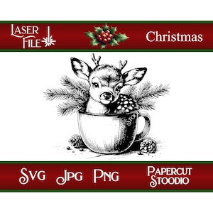 File di incisione laser, cervo di Natale in tazza SVG, cartelli natalizi fai da te, taglieri, etichette regalo personalizzate in legno, decorazioni per la casa LightBurn GlowForge