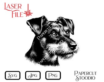 May include: Black and white line art illustration of a dog's head. The dog has a short, scruffy coat and is looking to the right. The image is suitable for use as a laser cut file.