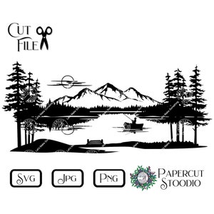 File Svg della scena del lago con ampio molo da pesca, file Svg della scena del lago e della foresta per t-shirt fai da te, adesivi, tazze, cartelli in legno