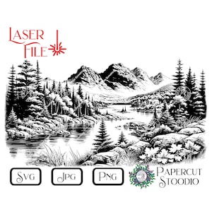 Puede incluir: Ilustración en blanco y negro de una escena de lago de montaña con árboles, montañas y un río. La imagen está etiquetada como "Laser File" e incluye las palabras "SVG", "JPG" y "PNG".