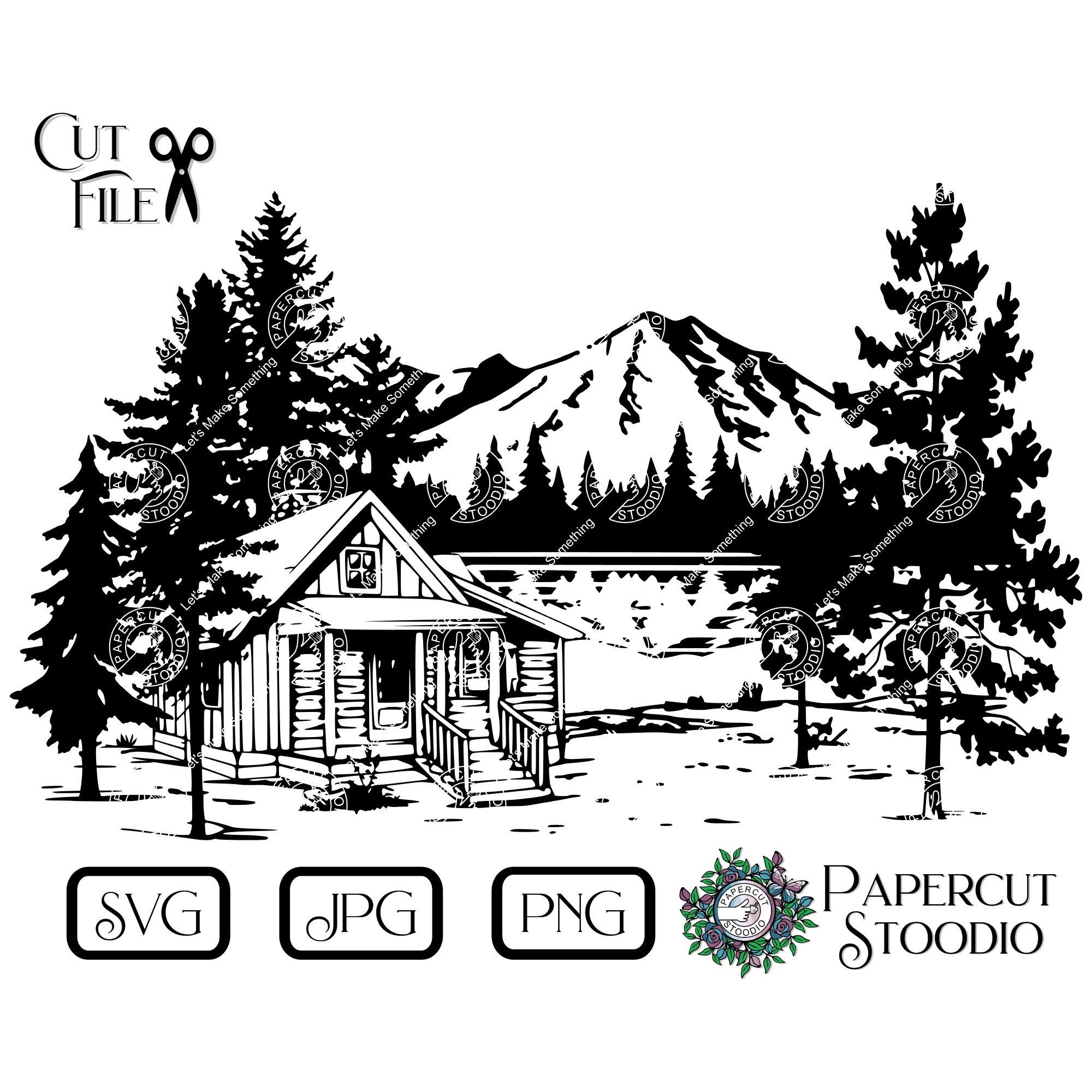 Cabin by the Lake Svg, Lake Scene Mountain Forest Cricut Silhouette Landscape Cottage Woods Scenery Nature for DIY Shirts Mugs Wood Signs