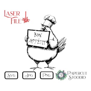 Laser Gravurdatei, Bon Appetit Huhn SVG für Küche Bauernhof Lightburn GlowForge Holztablett Zeichen personalisiertes Geschenk Schneidebrett Holzbearbeitung