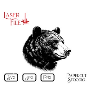May include: Black and white line art illustration of a bear's head. The bear is looking to the right. The image is suitable for laser cutting.
