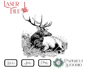 Resting Elk Laser Engrave File, Cabin Decor SVG PNG JPG (Digital Download)
