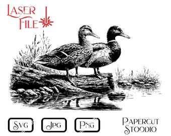 May include: Black and white line art illustration of two ducks perched on a log over a pond. The ducks are facing the right side of the image. The log is partially submerged in the water. There are rocks and reeds around the pond.