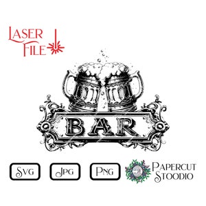 Puede incluir: Ilustración en blanco y negro de dos jarras de cerveza con espuma en la parte superior, con la palabra "BAR" en una pancarta decorativa debajo.