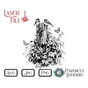 Laser Gravur Datei, Vögel & Schmetterlinge SVG, Frühling Garten Blumen Rustikales Gartenschild LightBurn GlowForge personalisierte Geschenke