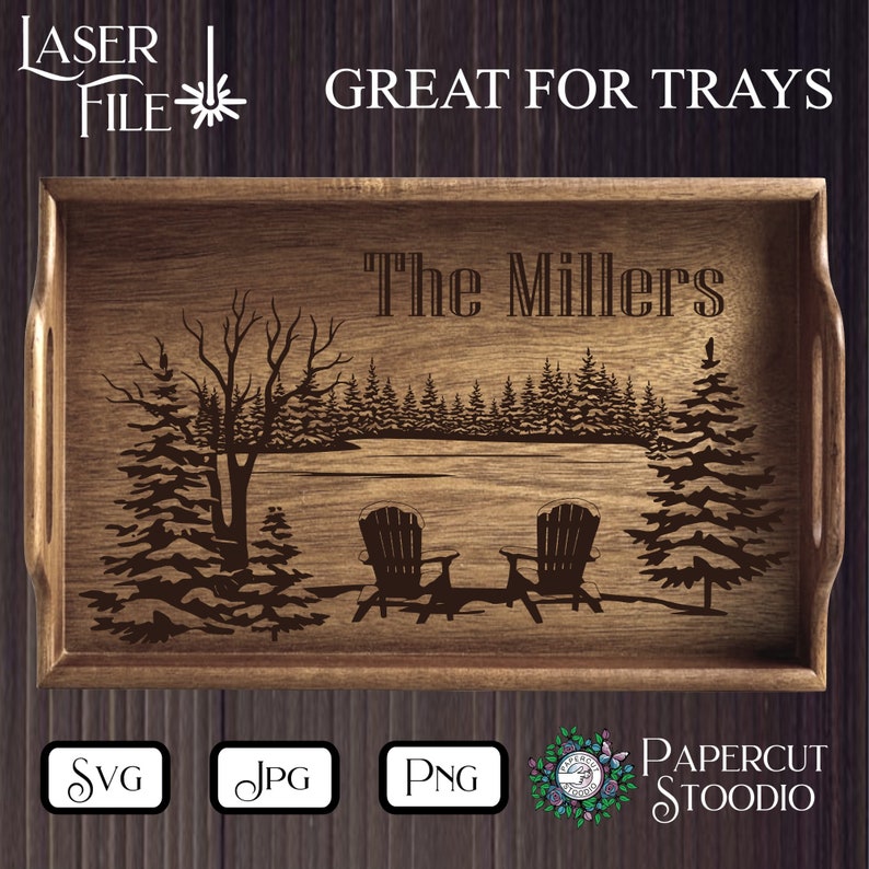 May include: A wooden tray with a laser-engraved design of a winter scene with two chairs and the text "The Millers".