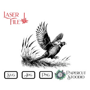 May include: Black and white line art illustration of a pheasant in flight with its wings spread wide. The pheasant is flying over tall grass.