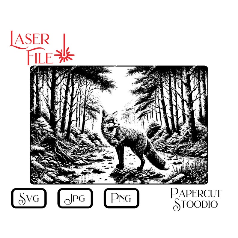 May include: Black and white illustration of a fox standing on a rock in a forest. The fox is looking to the left and has its tail curled behind it. The forest is made up of tall trees and a stream of water.