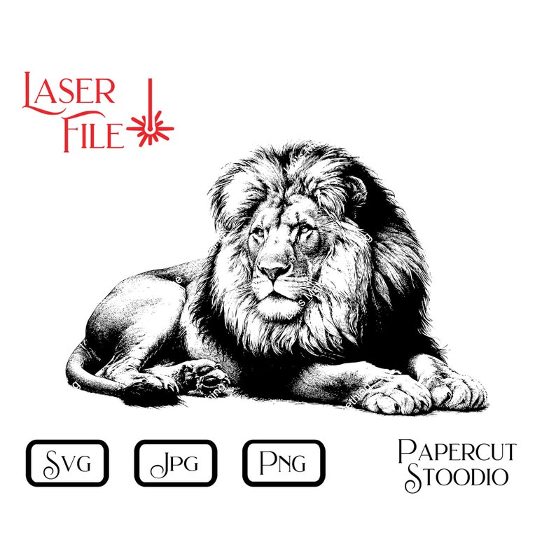 May include: Black and white line art illustration of a lion lying down with its head turned to the side. The lion has a thick mane and a serious expression.