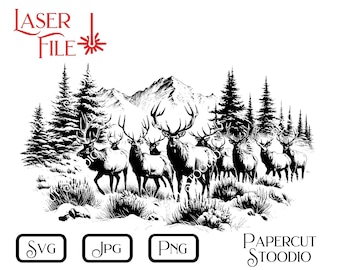May include: Black and white illustration of a herd of elk standing in a snowy forest with mountains in the background. The elk are facing the viewer and have large antlers. The forest is dense with trees and the mountains are covered in snow.