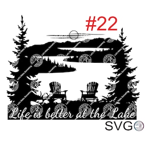 Lake Scene Adirondack Chairs Campfire Svg, Lake And Forest Scene Svg Files For DIY T-shirt, Sticker, Mug, Wood Signs