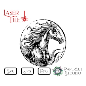 Fichier de gravure laser, cheval cercle 2 SVG, GlowForge LightBurn pour panneaux de menuiserie planches à découper sous-verres T-shirts cadeaux personnalisés