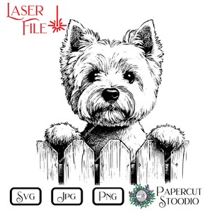 May include: A black and white illustration of a West Highland White Terrier dog looking over a wooden fence. The image includes the text "LASER FILE" and file type icons for SVG, JPG, and PNG. The Papercut Stoodio logo is also present.