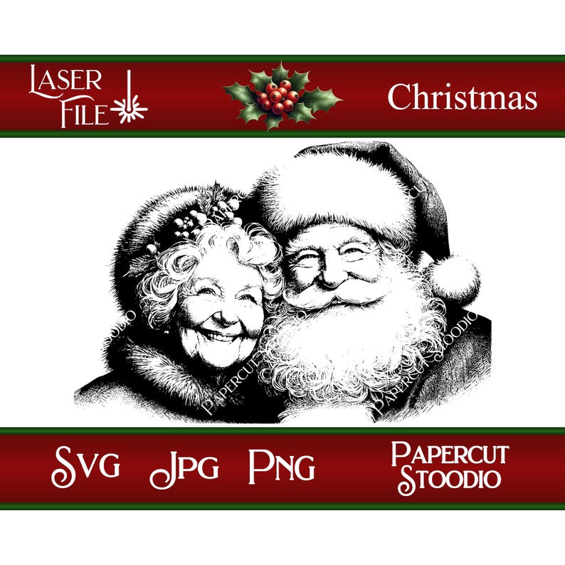 Puede incluir: Ilustraci&oacute;n en blanco y negro de Pap&aacute; Noel y una mujer con tem&aacute;tica navide&ntilde;a. Ambos est&aacute;n sonriendo.