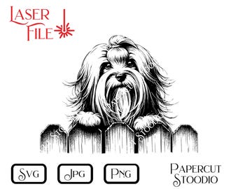 Può includere: Illustrazione in bianco e nero di un piccolo cane che sbircia da sopra una recinzione di legno. Il cane ha il pelo lungo e soffice e guarda direttamente lo spettatore.