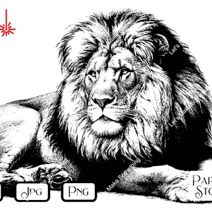 May include: Black and white illustration of a lion lying down with its head turned to the side. The lion has a large mane and a serious expression.