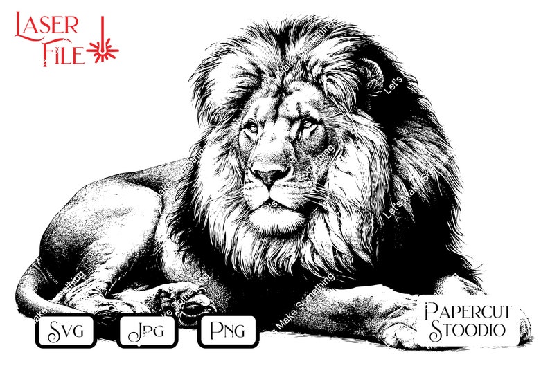 May include: Black and white illustration of a lion lying down with its head turned to the side. The lion has a large mane and a serious expression.