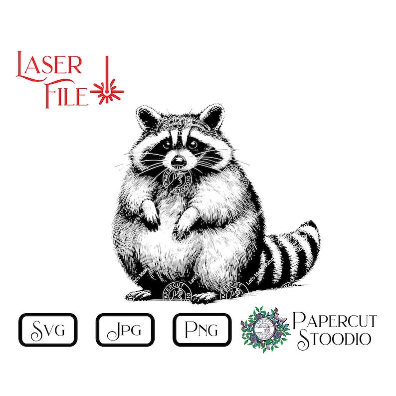 May include: Black and white line art illustration of a raccoon sitting on its haunches. The raccoon has a bushy tail and a mischievous expression.