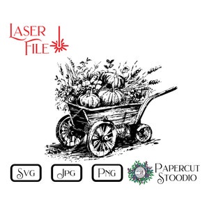 Fichier de gravure laser, wagon des récoltes Svg, campagne automne automne planches à découper cartes-cadeaux personnalisées décoration d'intérieur LightBurn GlowForge