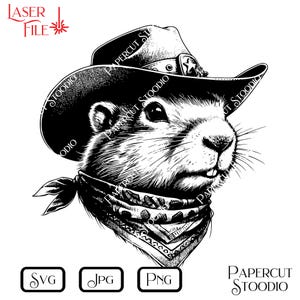 May include: A black and white illustration of a gopher wearing a cowboy hat and bandana. The gopher is looking to the right and has a serious expression on its face.