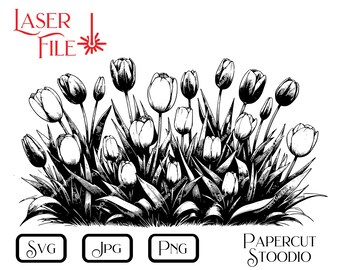 Laser Engrave File, Tulip Patch SVG, Spring Garden Flowers Rustic Garden Sign LightBurn GlowForge Personalized Gifts
