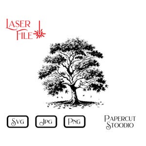 Könnte beinhalten: Schwarz-weiß-Linienkunst-Illustration eines Baumes mit Blättern, die von den Ästen fallen. Der Baum ist in einem realistischen Stil mit detaillierten Ästen und Blättern gezeichnet. Das Bild eignet sich für Laserschneiden, Papierschneiden oder digitale Designprojekte.