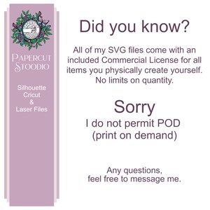 May include: A purple and white graphic with the text "PAPERCUT STOODIO" and the text "Did you know?"  All of my SVG files come with an included Commercial License for all items you physically create yourself. No limits on quantity. Sorry I do not permit POD (print on demand) Any questions, feel free to message me."
