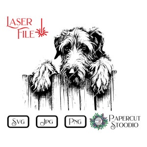 May include: Black and white illustration of a dog peeking over a wooden fence. The dog has a scruffy, furry face and is looking at the viewer with a curious expression.