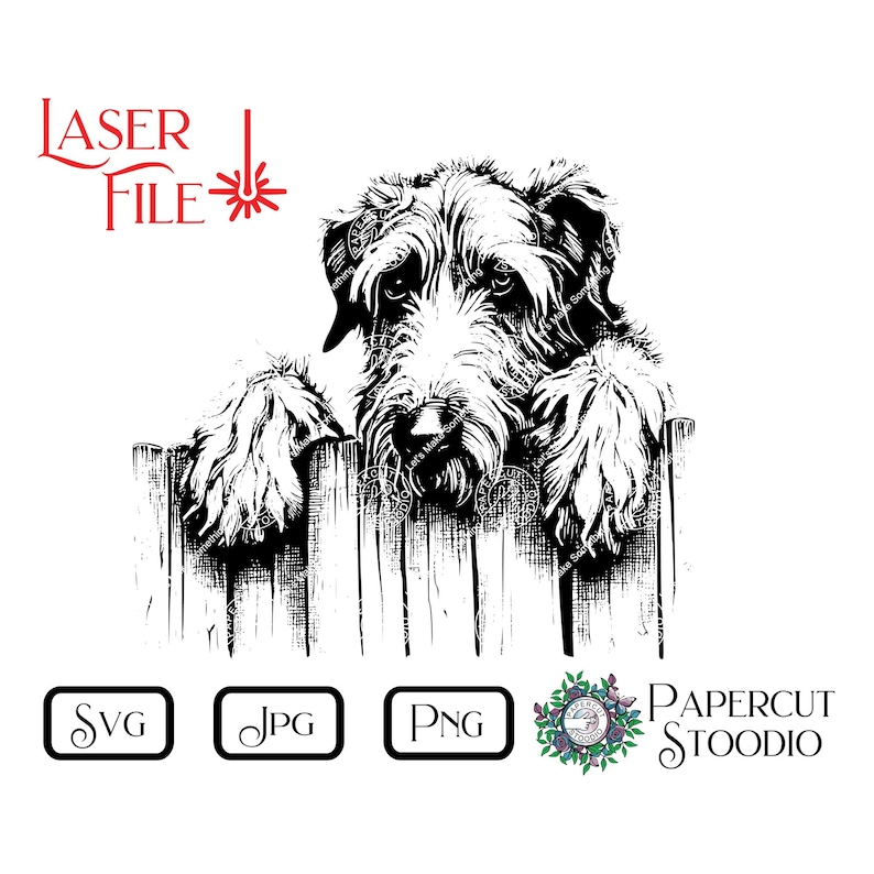 May include: Black and white illustration of a dog peeking over a wooden fence. The dog has a scruffy, furry face and is looking at the viewer with a curious expression.