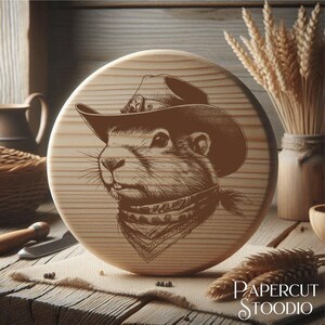 May include: A wooden round cutting board with a brown and white illustration of a prairie dog wearing a cowboy hat and bandana.