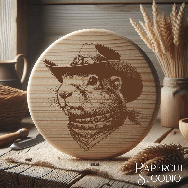May include: A wooden round cutting board with a brown and white illustration of a prairie dog wearing a cowboy hat and bandana.