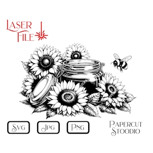 May include: Black and white illustration of a honey jar with a bee and sunflowers. The jar has a lid and is surrounded by sunflowers. The text "LASER FILE" is in the top left corner of the image.