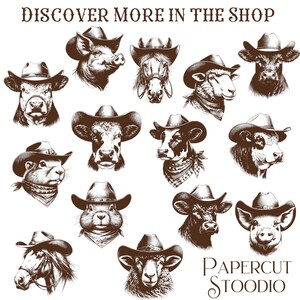 May include: A collection of 14 black and white illustrations of various animals wearing cowboy hats. The animals include a cow, pig, horse, sheep, and a groundhog. The text "DISCOVER MORE IN THE SHOP" and "PAPERCUT STOODIO" are also included in the image.