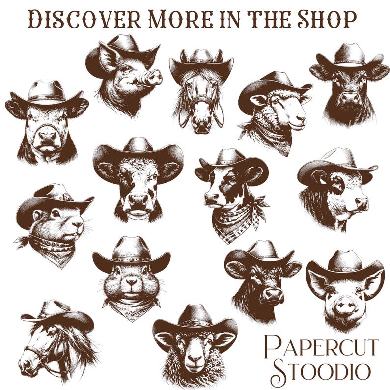 May include: A collection of 14 black and white illustrations of various animals wearing cowboy hats. The animals include a cow, pig, horse, sheep, and a groundhog. The text "DISCOVER MORE IN THE SHOP" and "PAPERCUT STOODIO" are also included in the image.