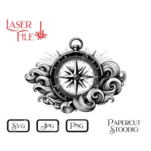 May include: Black and white illustration of a compass with a star design surrounded by stylized waves. The compass is labeled with the words "PAPERCUT STUDIO".