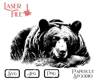 May include: Black and white line art illustration of a bear lying down in tall grass. The bear is looking directly at the viewer. The image is a digital download for crafting projects.