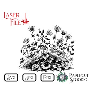 Könnte beinhalten: Schwarz-Weiß-Blumenillustration mit einer Ansammlung von Blumen und Blättern. Das Bild enthält den Text "LASER FILE" und Dateityp-Symbole für SVG, JPG und PNG. Das Papercut Stoodio-Logo ist ebenfalls vorhanden.