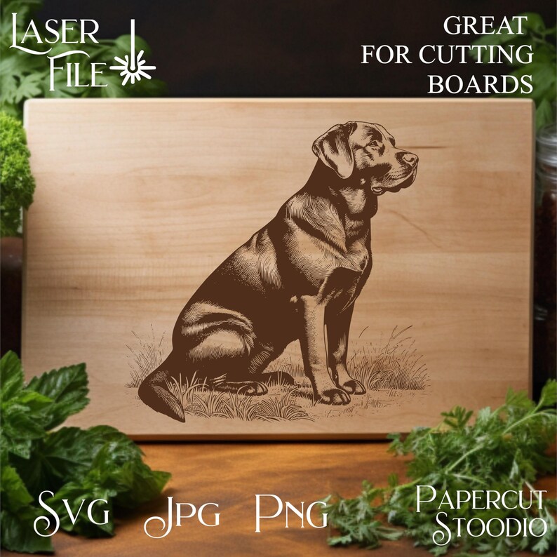May include: A wooden cutting board with a detailed brown engraving of a Labrador Retriever dog. The text "GREAT FOR CUTTING BOARDS" is at the top. The bottom of the board has the text "SVG JPG PNG" and "PAPERCUT STOODIO".