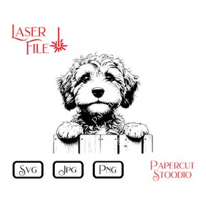 May include: Black and white illustration of a fluffy dog peeking over a wooden fence. The image includes the text "LASER FILE" and file type icons for SVG, JPG, and PNG. The logo for "PAPERCUT STOODIO" is also present.