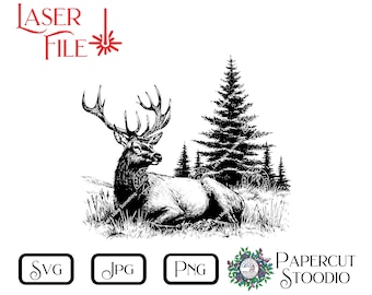 May include: Black and white line art illustration of a deer lying down in a forest setting. The deer has large antlers and is looking to the right. There are pine trees in the background.