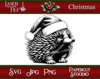 May include: A monochrome illustration of an echidna wearing a Santa hat. The image includes the text "Christmas", "SVG JPG PNG", and "Laser File". The image is from Papercut Stoodio.