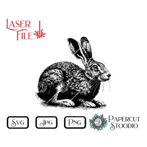 Peut inclure: Illustration en noir et blanc d'un lapin assis, les oreilles dressées. Le lapin est tourné vers la droite. L'image est sur un fond blanc.