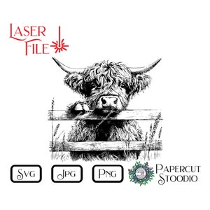 Fichier de gravure laser, vache Highland Peek SVG, jolie ferme de campagne LightBurn GlowForge, menuiserie pour panneaux, planches à découper, cadeaux personnalisés